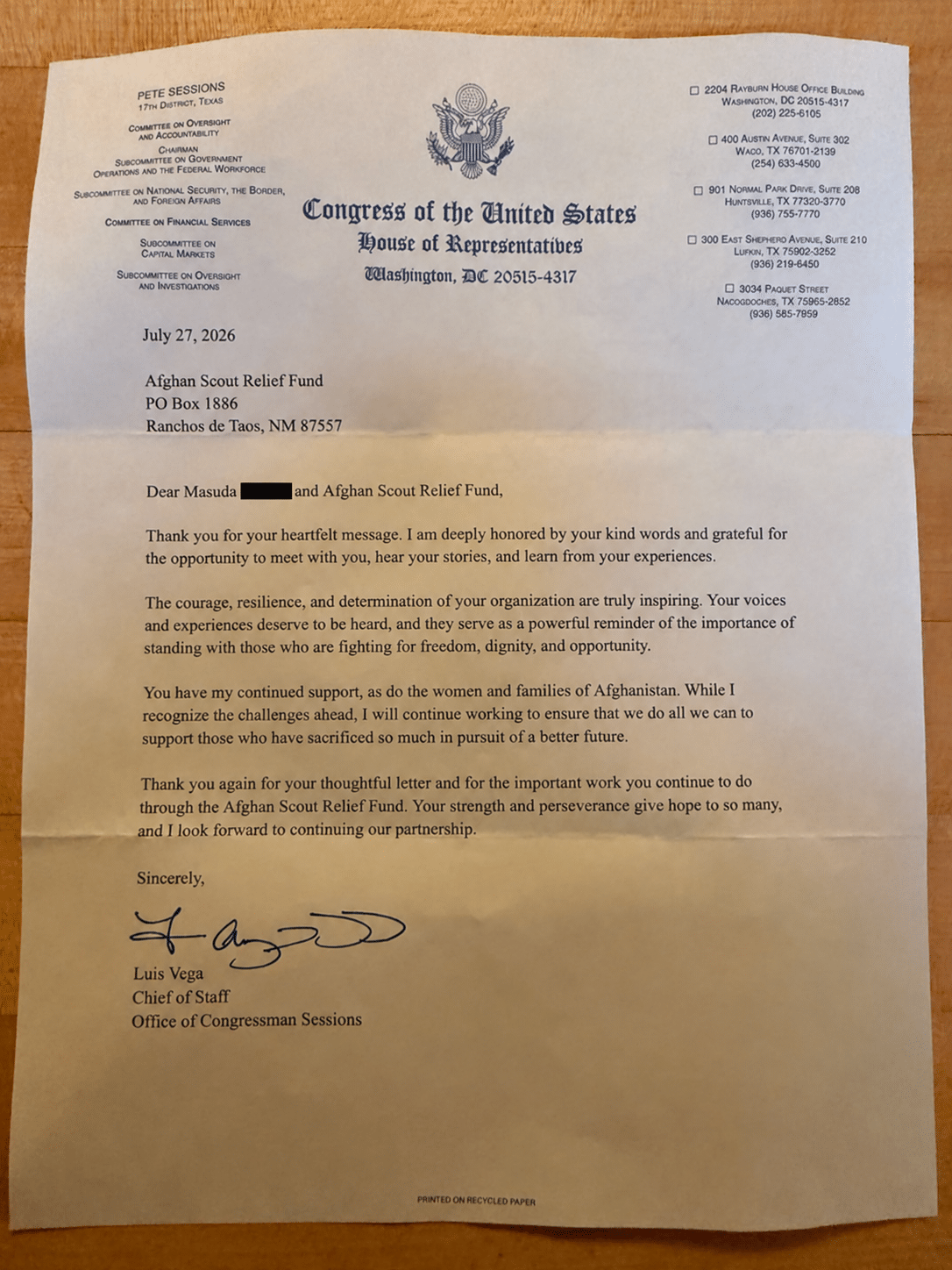 Letter of support dated July 27, 2026 from the office of Congressman Pete Sessions to the Afghan Scout Relief Fund, signed by Chief of Staff Luis Vega. The student’s surname has been blacked out.
