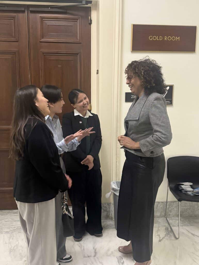 ASRF students speaking with Representative Sydney Kamlager-Dove, Ranking Member of the Subcommittee on South and Central Asia