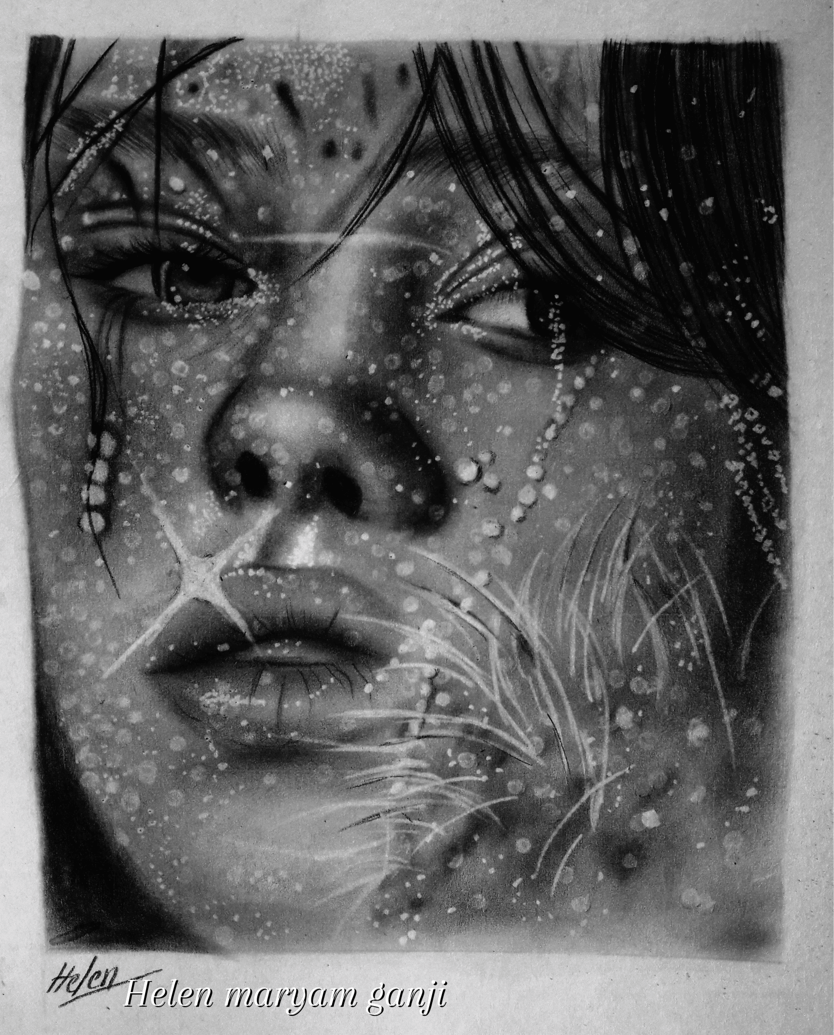 Charcoal portrait of a young woman’s face covered in water droplets, signed Helen Maryam Ganji