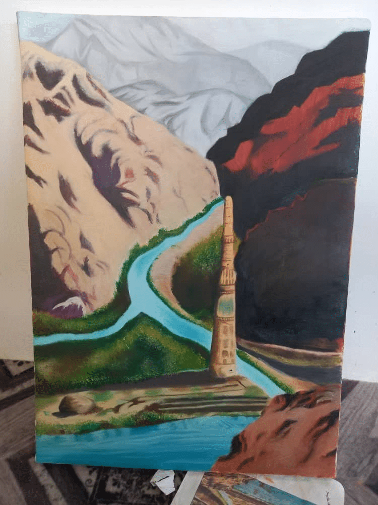 Painting by Fatema of a tall minaret standing in a river valley between red and grey cliffs