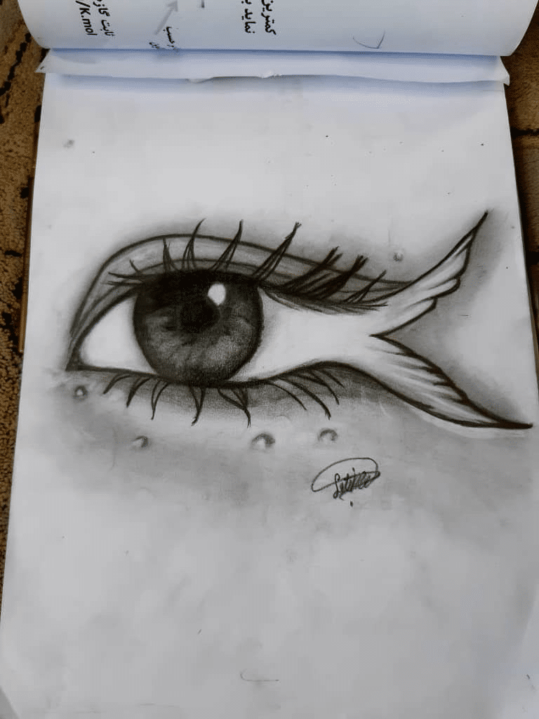 Pencil drawing by Fatema of a single eye with tears falling, the lashes drawn as a bird in flight