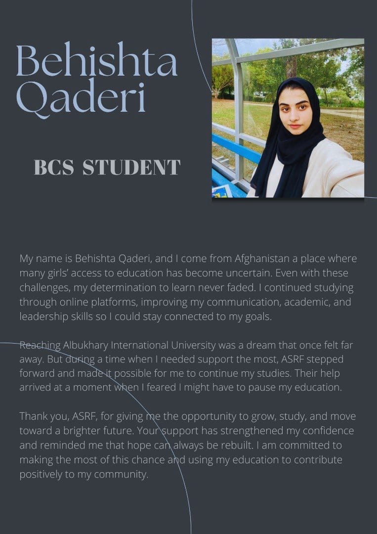 Poster featuring BCS student Behishta Qaderi, with her photograph and her written thanks to ASRF for stepping forward when she needed support most