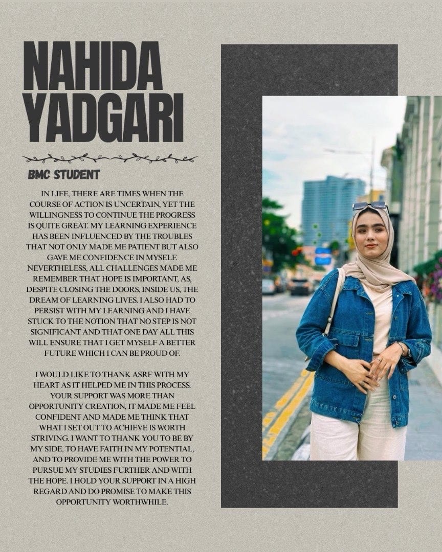 Poster featuring IMC student Nahida Yadgari, with her photograph and her written thanks to ASRF for supporting her studies