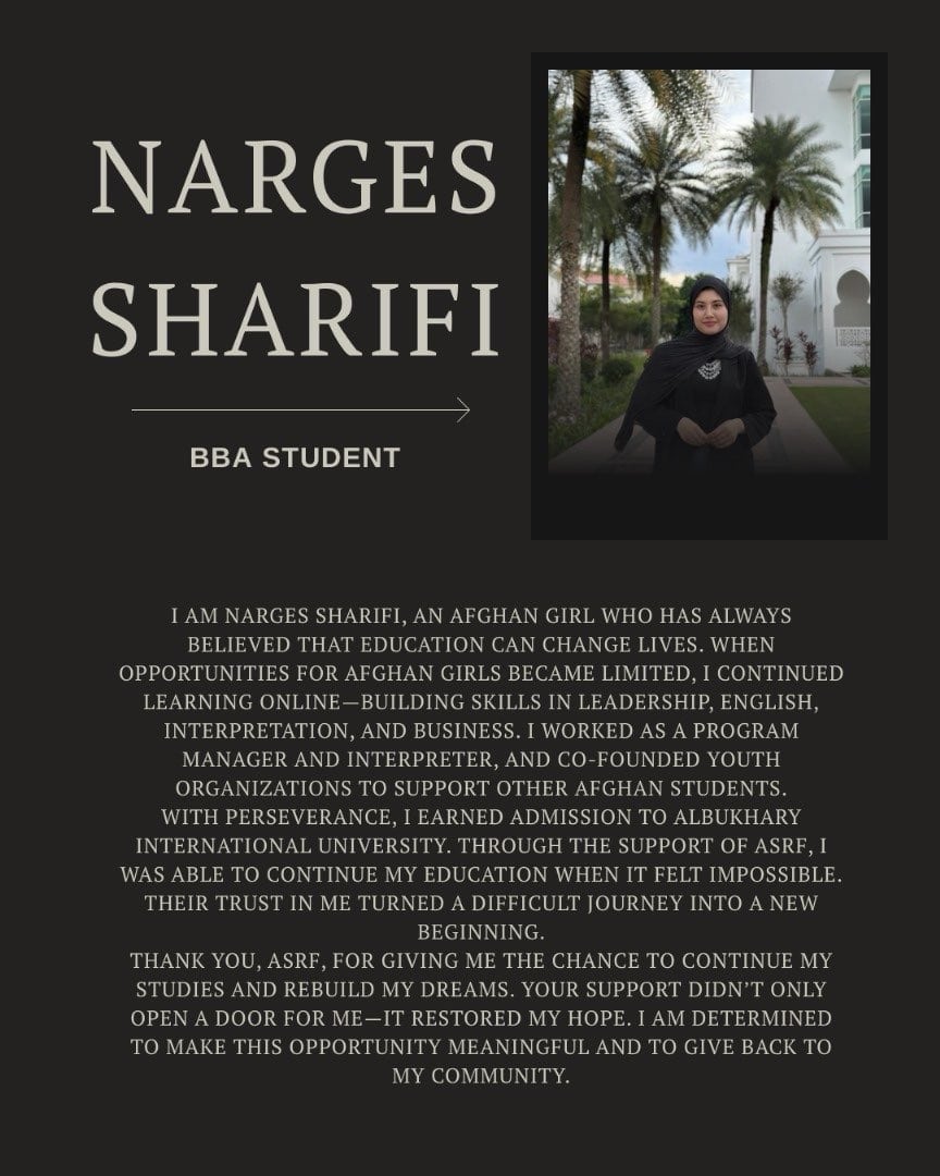 Poster featuring ASRF student Narges Sharifi, with her photograph and her written account of continuing her education in Malaysia