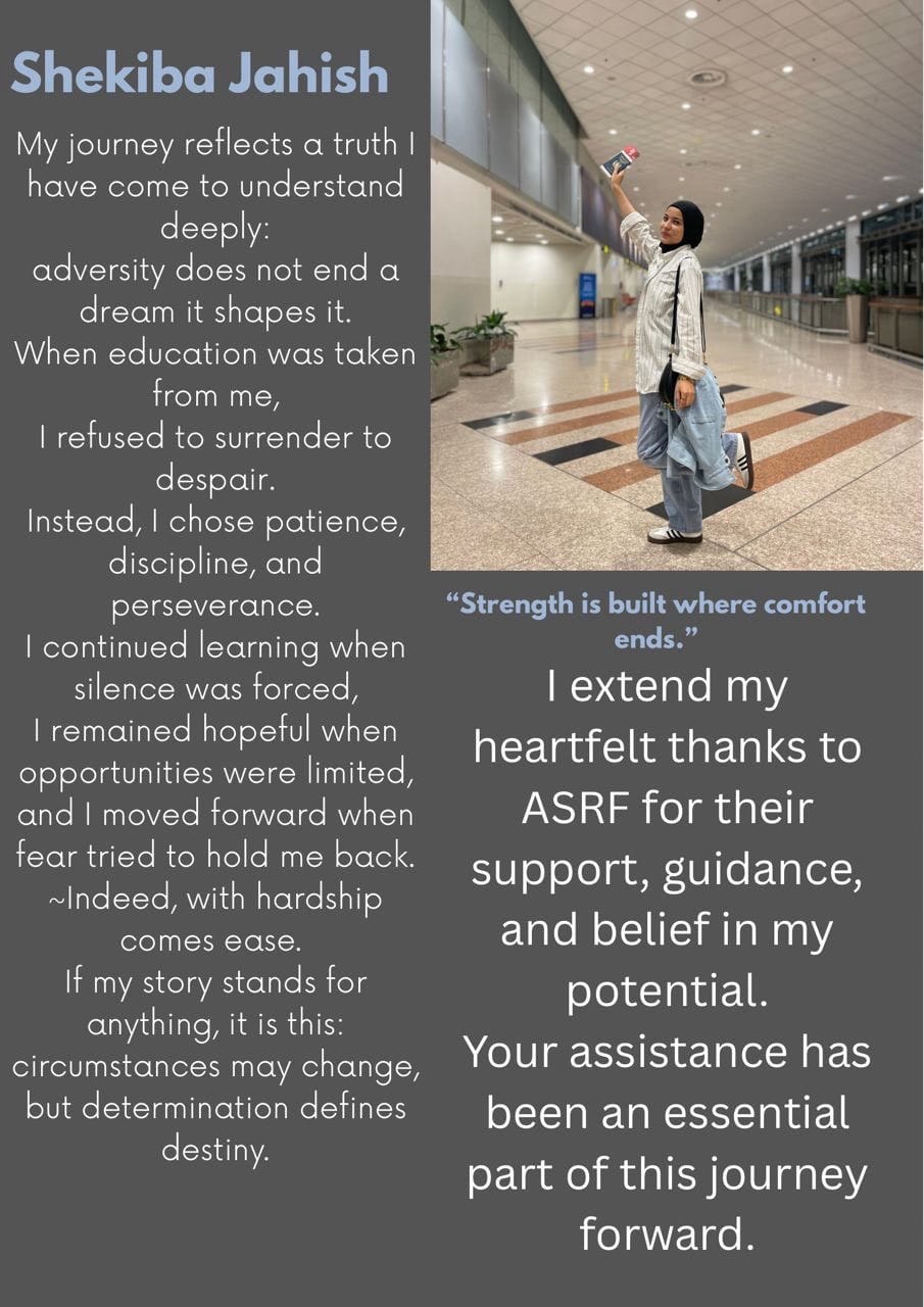Poster featuring Shekiba Jahish, with her photograph in an airport terminal and her written reflection on perseverance and her thanks to ASRF