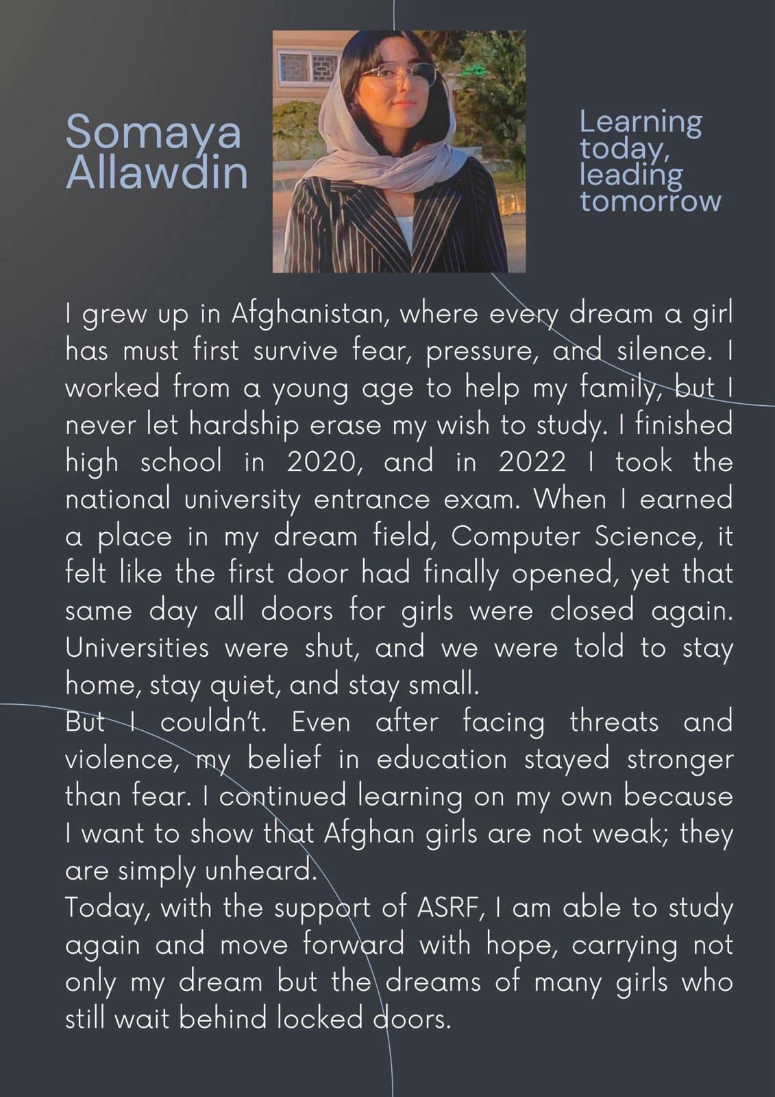 Poster featuring Somaya Allawdin under the heading Learning today, leading tomorrow, with her account of studying computer science after universities in Afghanistan closed to women