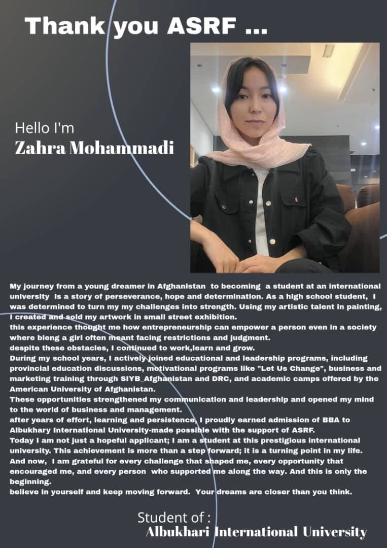 Poster headed Thank you ASRF, featuring Zahra Mohammadi of Albukhary International University and her account of being admitted to study business administration
