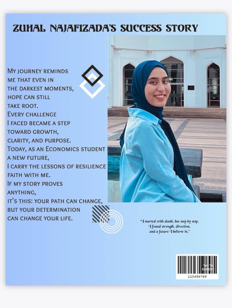 Poster featuring ASRF student Zuhal Najafizada, with her photograph and her written account of continuing her education in Malaysia