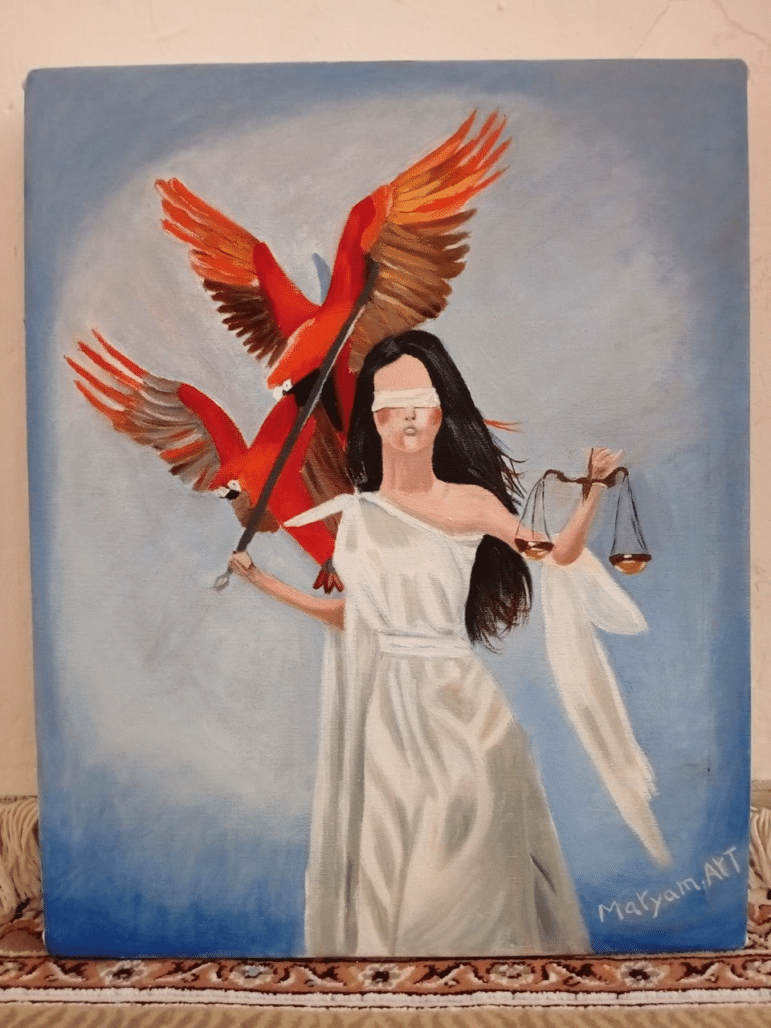 Painting of a blindfolded woman in white holding the scales of justice, with red birds in flight behind her