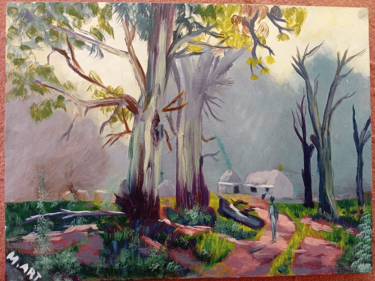 Painting of a wooded park with bare and leafy trees and small figures in the distance
