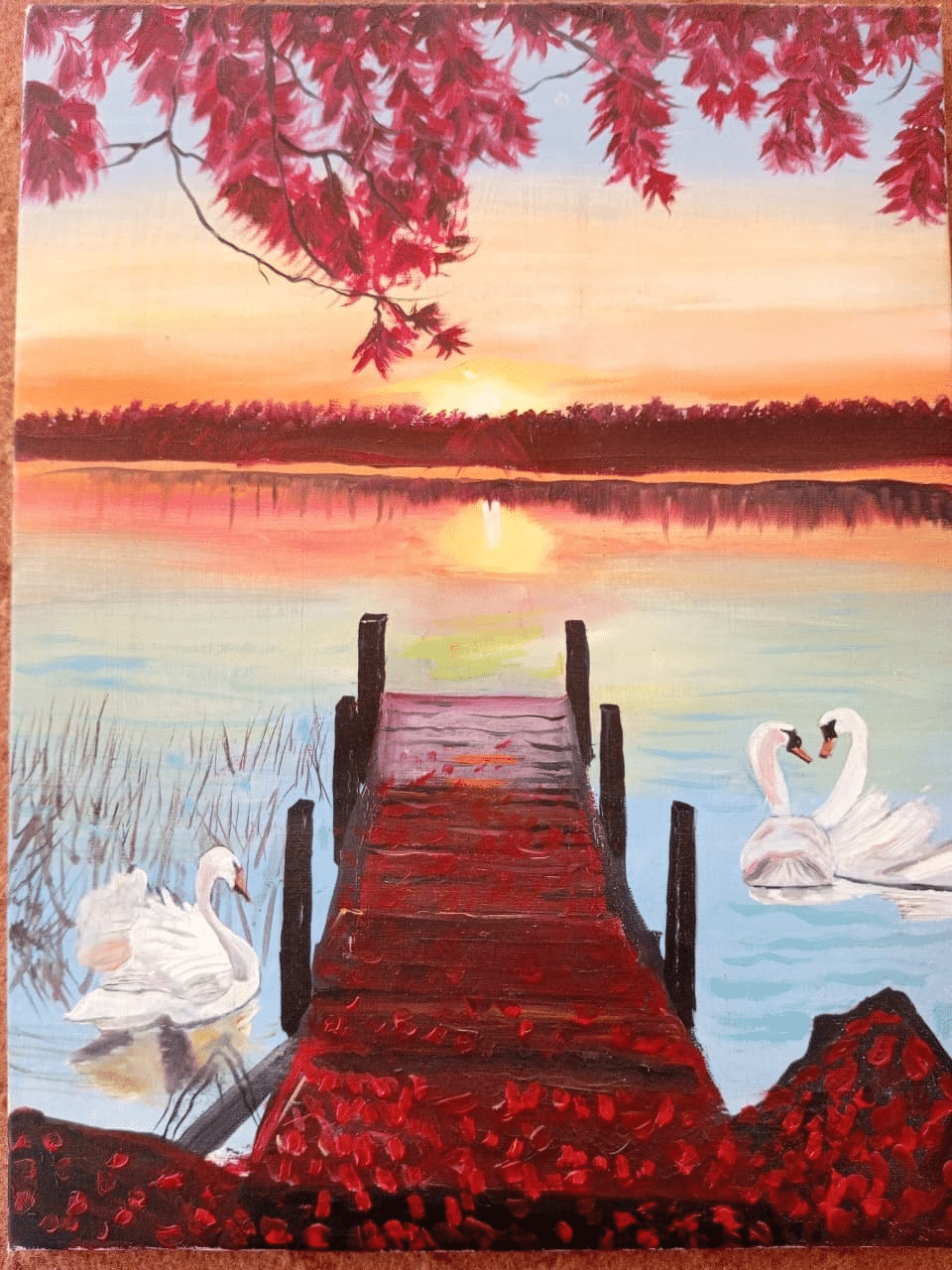 Painting of a red wooden dock reaching into a lake at sunset, with swans on the water and red maple leaves overhead