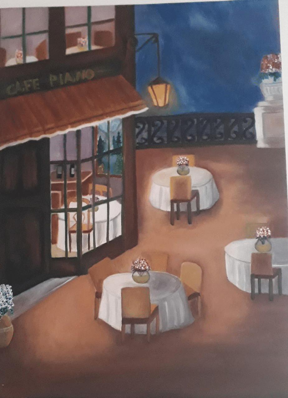 Painting of an empty cafe terrace at night, tables set with white cloths and flowers under an awning