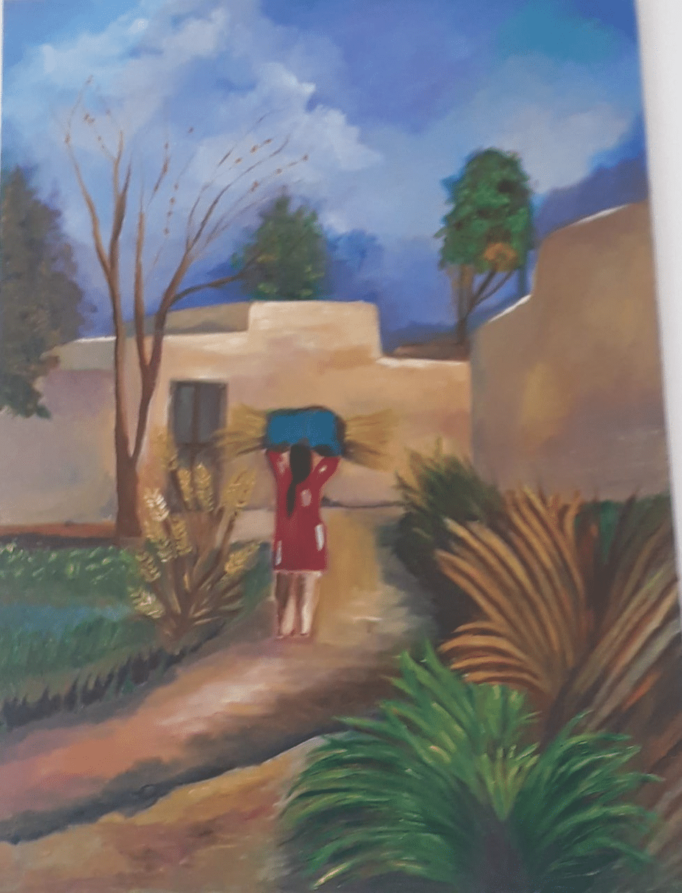 Painting of a girl in a red dress carrying a bundle on her head along a dirt path beside mud-brick village walls