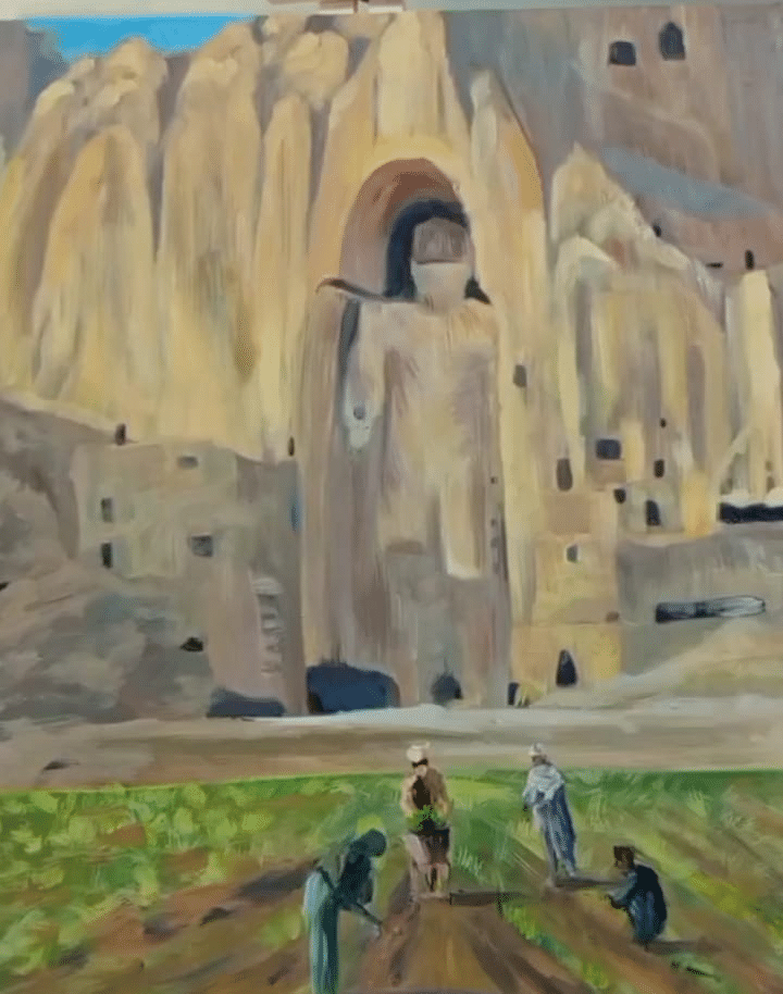 Painting of the empty Bamiyan Buddha niche carved into the cliffs, with villagers working in the fields below