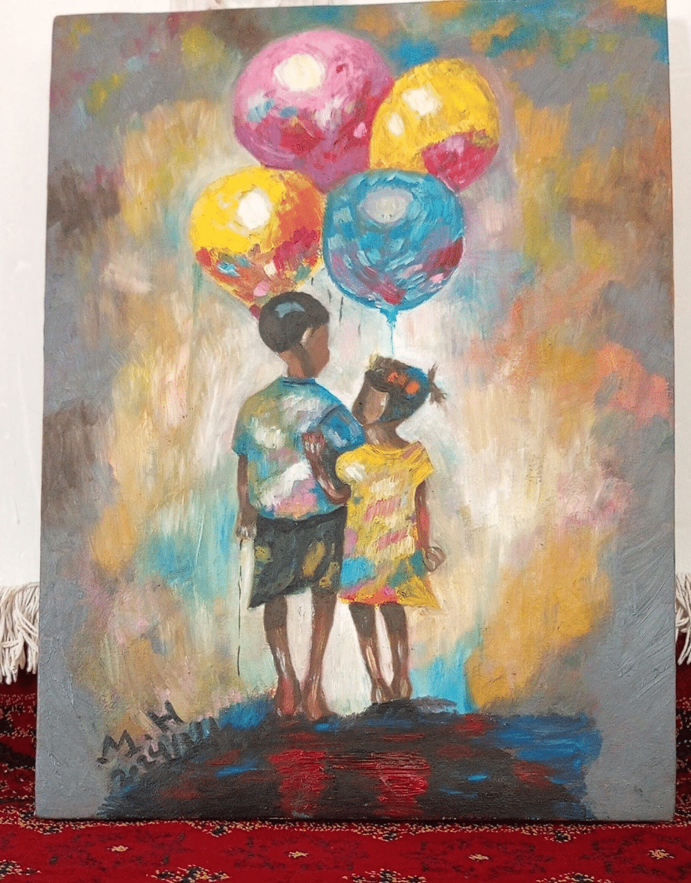 Painting of a boy and a girl seen from behind, holding a cluster of bright balloons