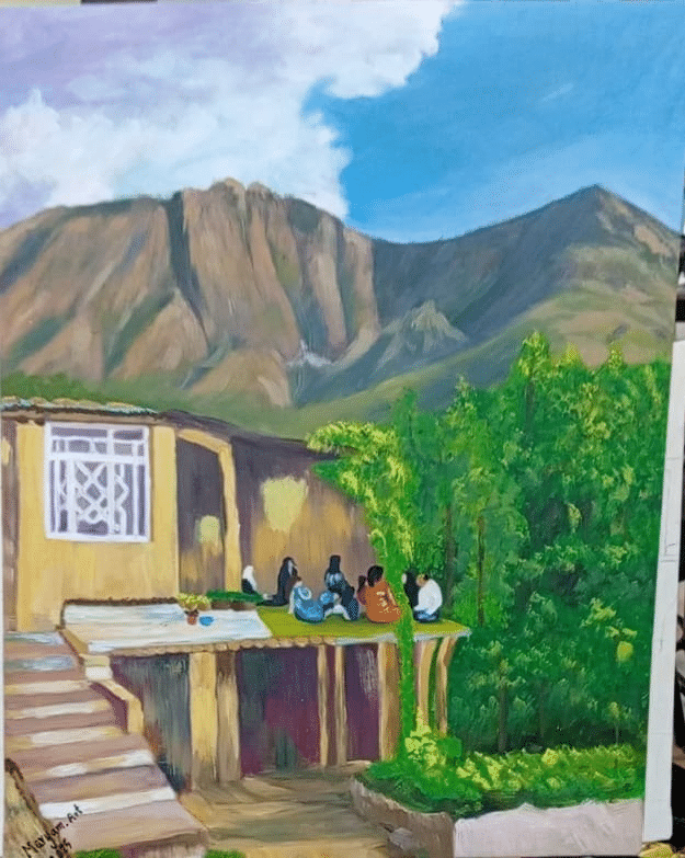 Painting of a village house in the mountains with people sitting together on its terrace