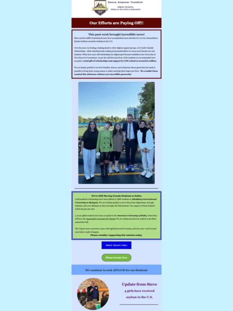 Cover of the ASRF newsletter: Amazing Good News for our U.S. Afghan Students