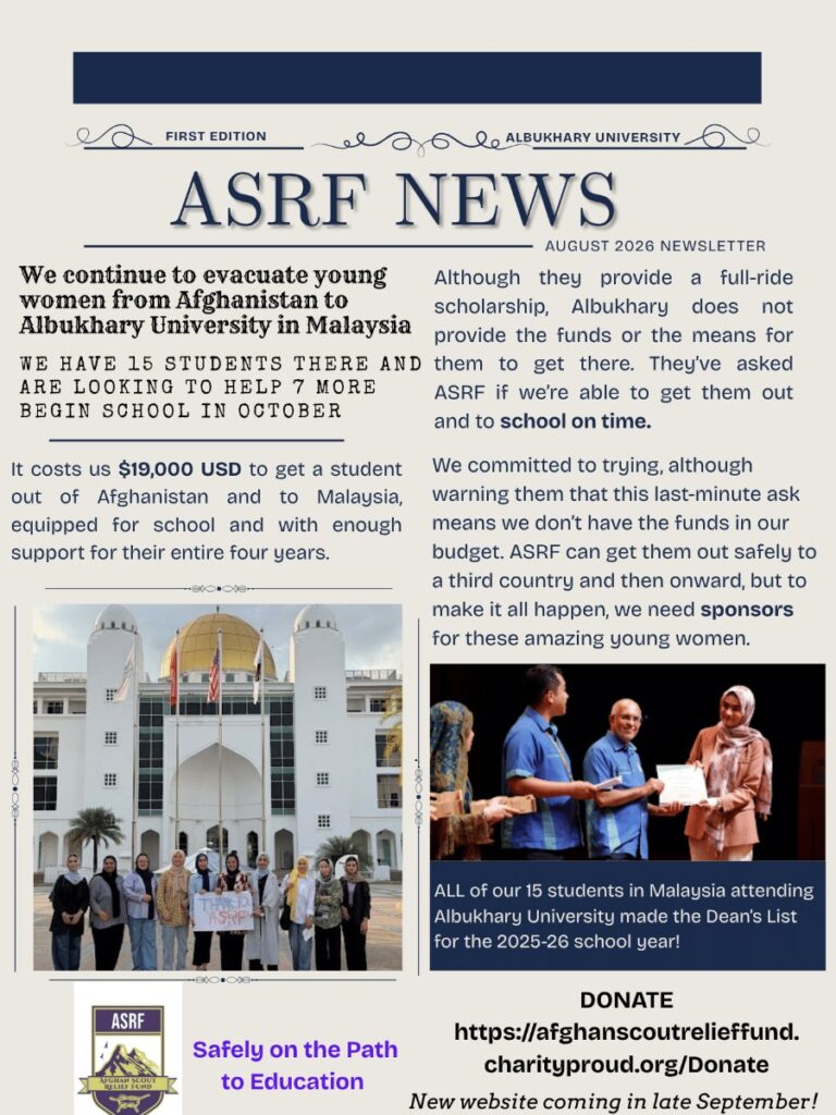 Cover of the ASRF newsletter: We continue to evacuate students from Afghanistan to Albukhary International University