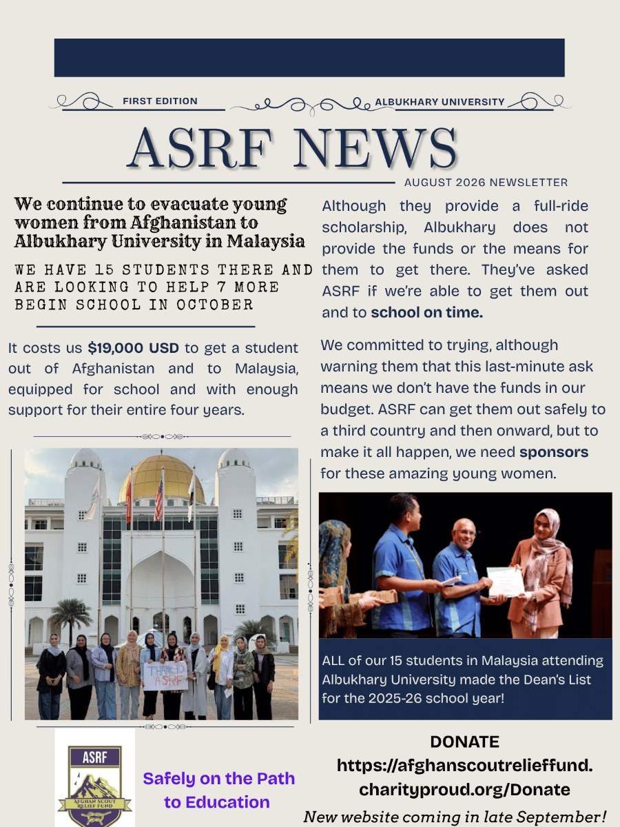 Cover of the ASRF newsletter: We continue to evacuate students from Afghanistan to Albukhary International University