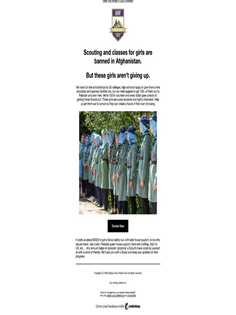 Cover of the ASRF newsletter: Help Afghan Scouts Get Out For Schooling